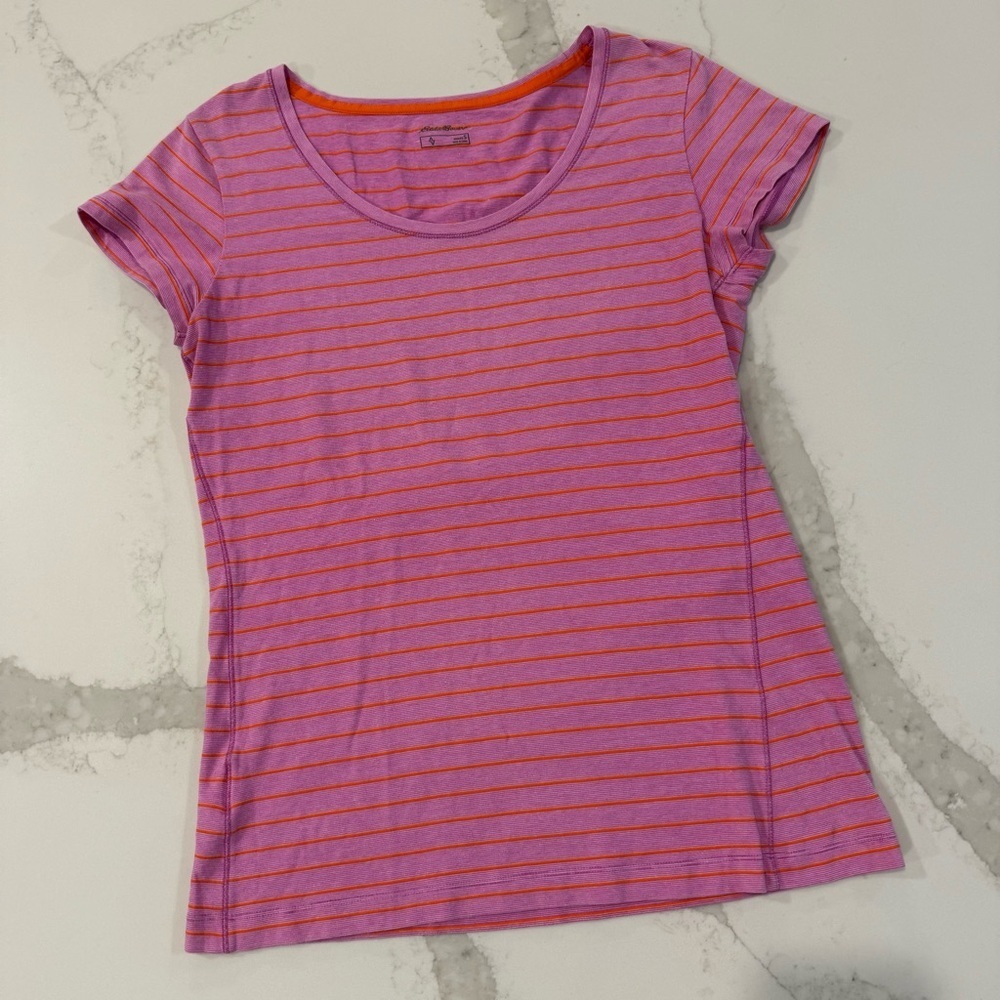 Eddie Bauer Gorpcore Striped Scoopneck T-Shirt Womens Small Pink/Orange Outdoors